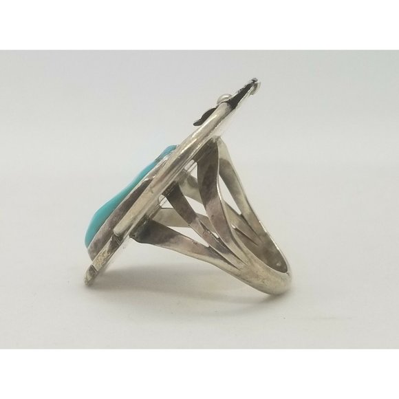 Sterling Silver and Turquoise Stone Navajo Inspired Ring Feathers Flower - Picture 2 of 9